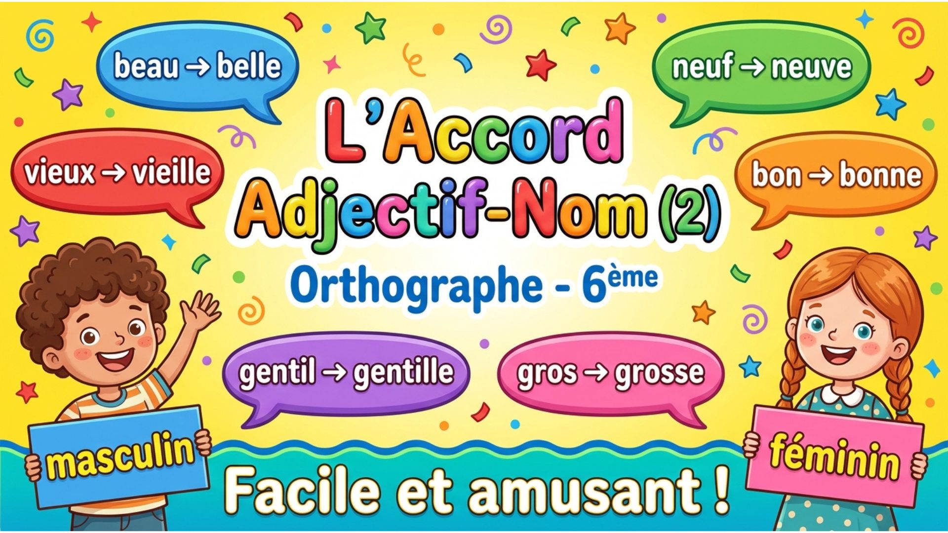 L'accord adjectif-nom (2), orthographe 6e année. beau devient belle, neuf devient neuve, vieux devient vieille, bon devient bonne, gentil devient gentille, gros devient grosse.
